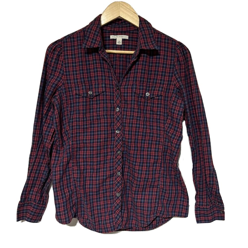 Banana Republic Women’s Flannel Striped Shirt Medium Red/Blue Cotton Long Sleeve